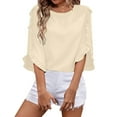 thumbnail image 1 of Women's Solid Color Long Sleeve Round Neck Irregular Hem Top With Lace Detail, 1 of 2