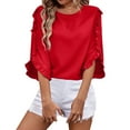 thumbnail image 1 of Women's Solid Color Long Sleeve Round Neck Irregular Hem Top With Lace Detail, 1 of 2