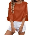 thumbnail image 1 of Women's Solid Color Long Sleeve Round Neck Irregular Hem Top With Lace Detail, 1 of 2