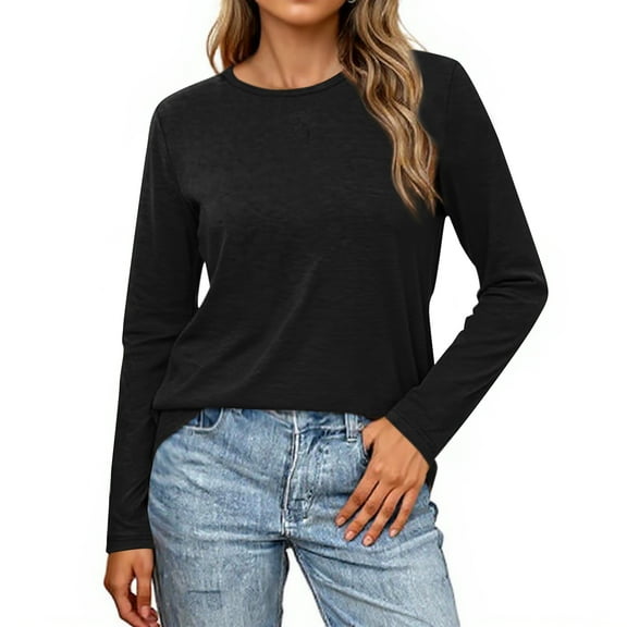 Women’s Solid Color Long Sleeve Shirt – Casual Round Neck Pullover Top, Soft Polyester Spandex Blend, Comfortable Loose Fit Blouse for Daily or Work Wear Black