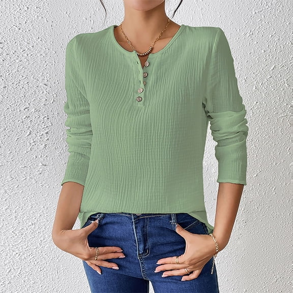 Women's Solid Color Long Sleeve Shirt Spring Summer Thin Cotton Linen Pullover Top Comfortable Round Neck Blouse Women Clothing