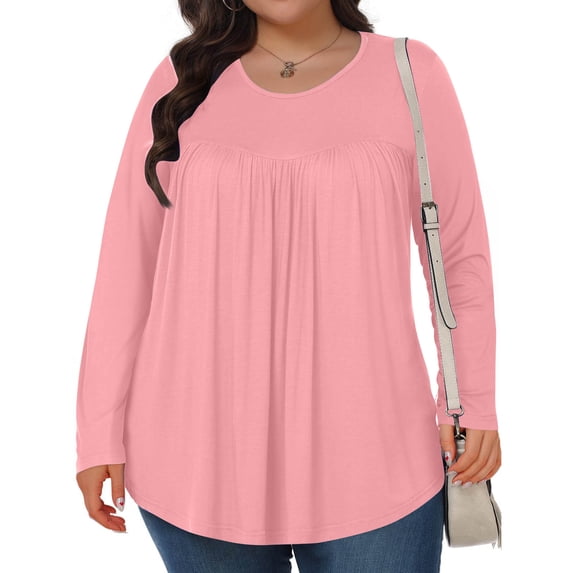 Women's Solid Color Long Sleeve Shirts Fall Tops Dressy Casual Blouses Pleated Plus Size Tops Crewneck Sweatshirt Casual Soft Crewneck Basic Tee Tops Fall Winter Oversized Clothing
