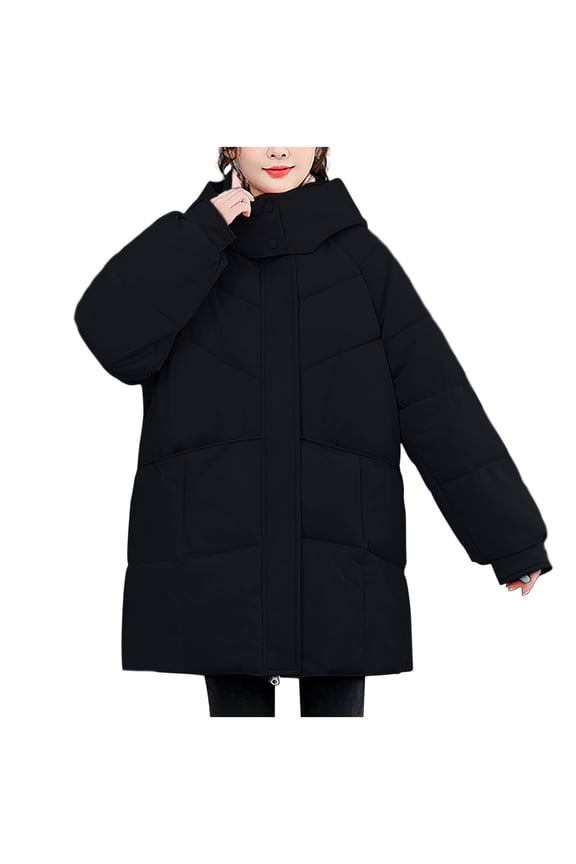 Women's Solid Color Long Sleeve Thickened Fleece Hooded Jacket Casual Top Winter Warm Padded Coat Pullover Outerwear for Cold Weather