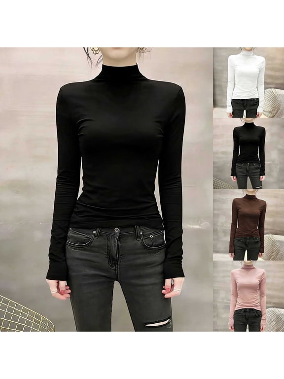 Women's Solid Color Long Sleeve Turtleneck Pullover Blouse Top for Casual Work Office Daily Wear Classic Wardrobe Essential Clothing | Ihhxva,Black XL