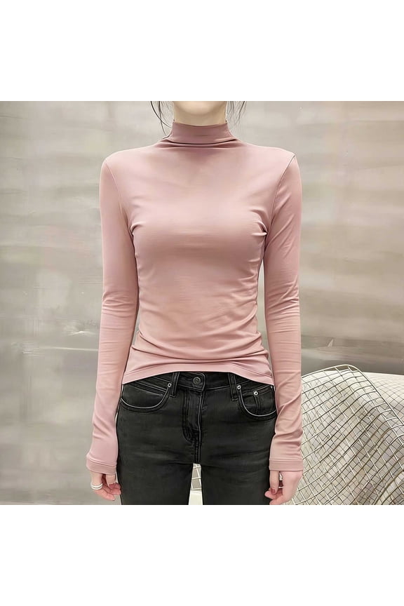 Women's Solid Color Long Sleeve Turtleneck Pullover Blouse Top for Casual Work Office Daily Wear Classic Wardrobe Essential Clothing | Ihhxva,Pink 3XL