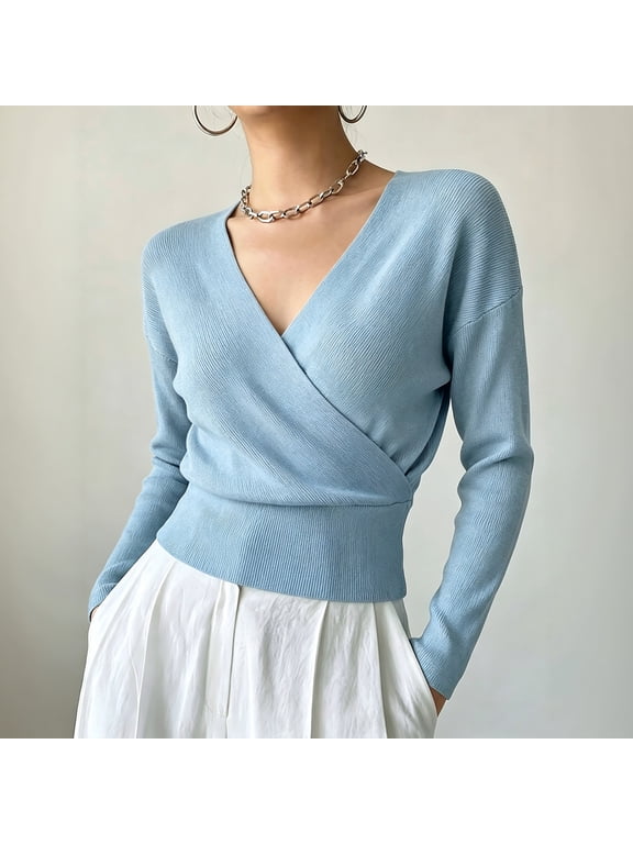 Women's Solid Color Long Sleeve V Neck Wrap Knit Sweaters
