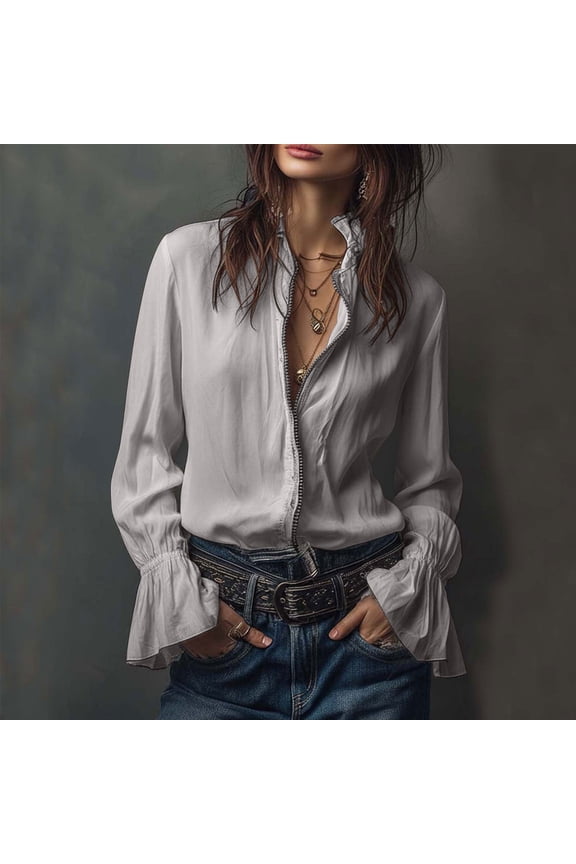 Women's Solid Color Long Sleeve Zip-Front Blouse with Flounce Cuffs and Lapel Collar