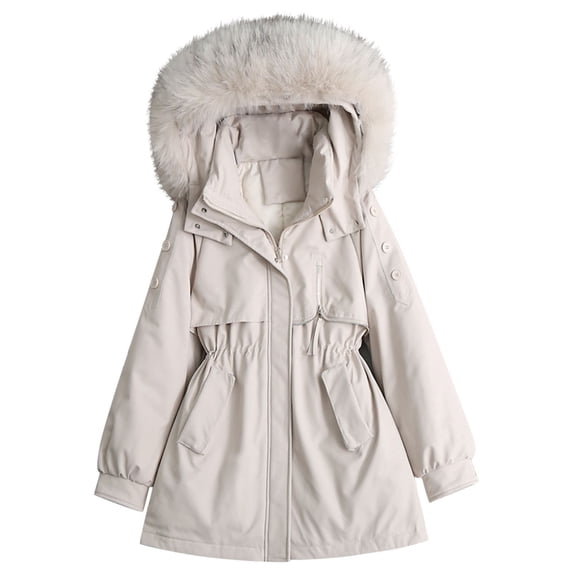 Women's Solid Color Long Sleeved Cotton Jacket With Large Collar And Waist Cinched Mid Length Design