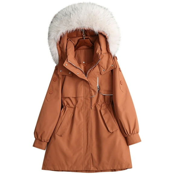 Women's Solid Color Long Sleeved Cotton Jacket With Large Collar And Waist Cinched Mid Length Design