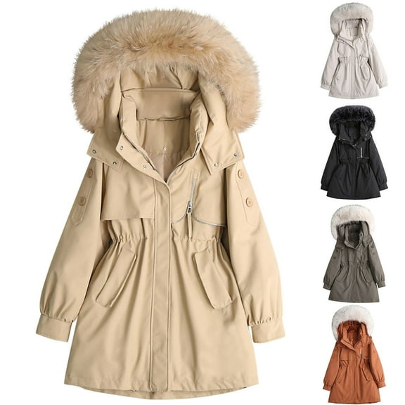 Women's Solid Color Long Sleeved Cotton Jacket With Large Collar And Waist Cinched Mid Length Design