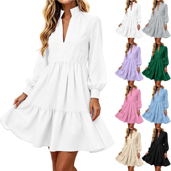 Women's Solid Color Long-sleeved Dress V-neck Layered Ruffle Skirt Casual Office/wedding Guest Short Dress.