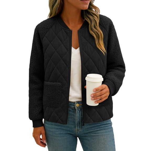 Women's Solid Color Long-sleeved Plaid Thick Baseball Jacket/Cotton Coat Black XXL