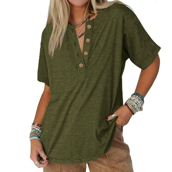 Maoxin Plus Size Women T Shirts Solid Color Loose Buttons Casual Short Sleeve Pullover Shirts Blouses Tops Army Green M