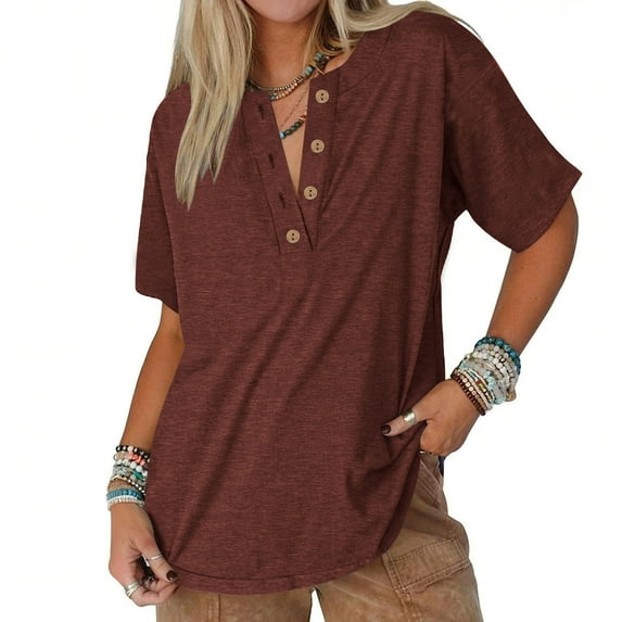 Maoxin Plus Size Women T Shirts Solid Color Loose Buttons Casual Short Sleeve Pullover Shirts Blouses Tops Brown 2XL