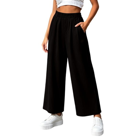 Women's Solid Color Loose Casual Long Pants With Pockets And Elastic Waist