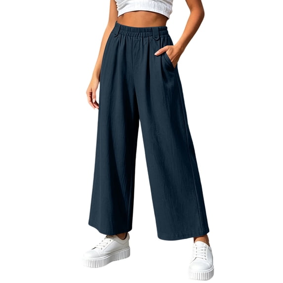 Women's Solid Color Loose Casual Long Pants With Pockets And Elastic Waist