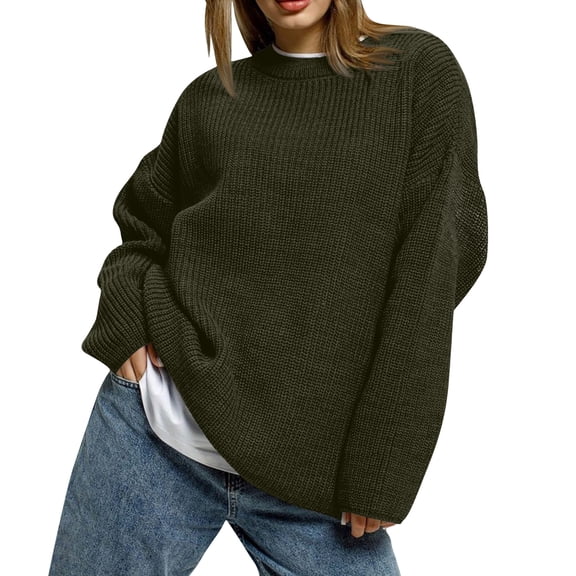 Women’s Solid Color Loose Casual Long-Sleeved Knitted Sweater Top, Soft & Comfortable Pullover, Perfect for Everyday Wear and Casual Outings Army Green