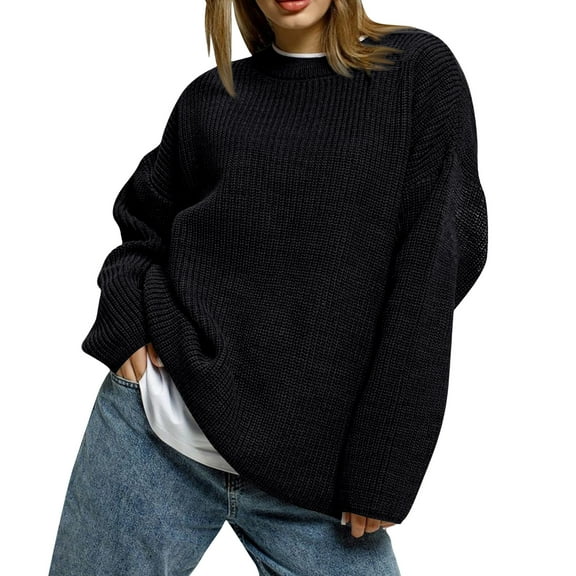 Women’s Solid Color Loose Casual Long-Sleeved Knitted Sweater Top, Soft & Comfortable Pullover, Perfect for Everyday Wear and Casual Outings Black