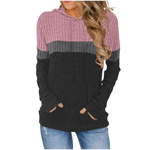Women's Solid Color Loose Casual Pocket Color Block Stripe Brushed Hooded Sweatshirt Top