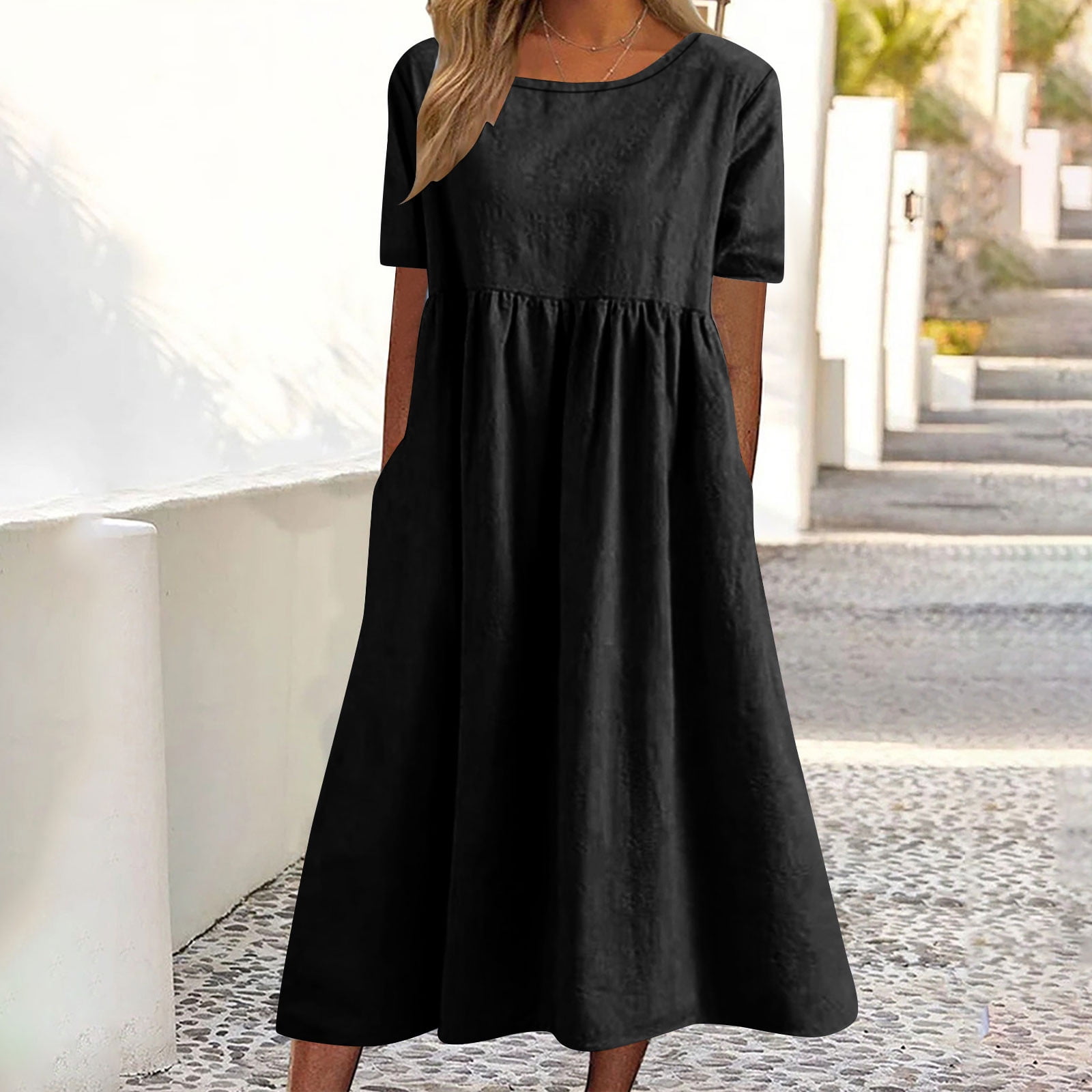 loose fitting jersey dress Dailytrove Women's Solid Color Loose Fit Midi Dress, Short Sleeve, Casual Daily & Office Wear, Stretchy Jersey Fabric, Size: DT-Large