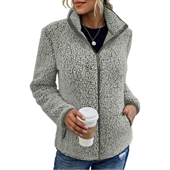 Women's Solid-Color Loose Long-Sleeved Fashionable Jacket, Warm Fleece Lined Coat for Casual Outdoor Activities and Everyday Comfort,Gray,S