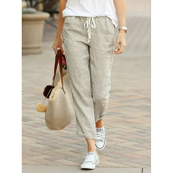 Women's Solid Color Loose Pants Drawstring Elastic Waist Cotton And Linen Capri-Pants