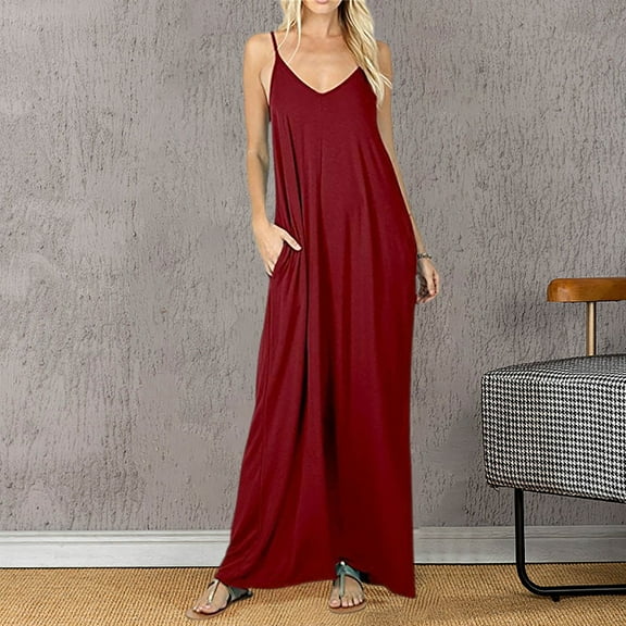 Women's Solid Color Loose Pocket Long Skirt Vest Dress Sexy Suspender Skirt Wrap Summer Dress Dress with Pockets Long Womens plus Size Dress Ruffle Womens Dress Long Maxi Dresses for Women Summer for