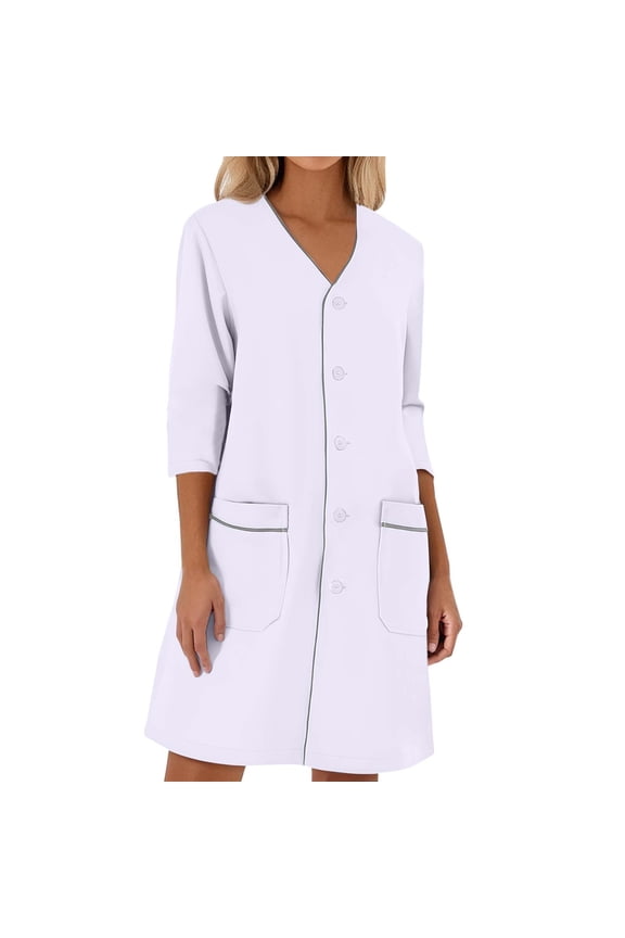 Women's Solid Color Loose Short Sleeved White Lab Coat Minimalist Design, Functional Pockets, Comfortable Fit for Healthcare Workers