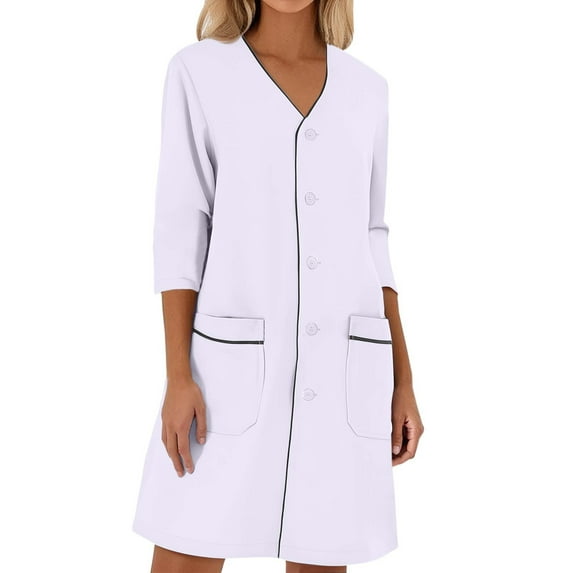 Women's Solid Color Loose Short Sleeved White Lab Coat Minimalist Design, Functional Pockets, Comfortable Fit for Healthcare Workers