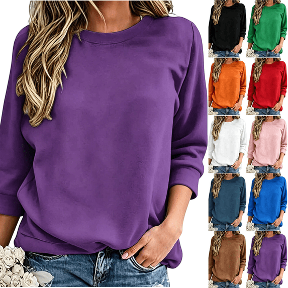 Women's Solid Color Loose Winter Fashionable Casual 3/4 Sleeve Head Round Neck Sweatshirt