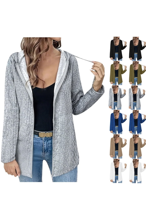 Women's Solid Color Loose Zipper Long Sleeved Hooded Top Casual Cardigan Jacket for Comfortable Fall Wear and Outdoor Activities,Blue,S