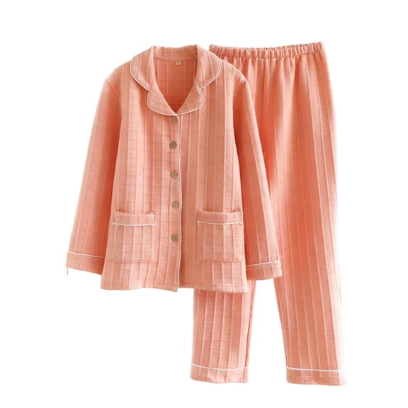 Women's Solid Color Loungewear Set Long Sleeve Button Down Top Long Trousers Warm Winter Homewear Pajama Set with Pocket Orange M