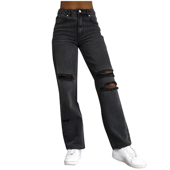 Women's Solid Color Low Waist Flare Jeans - Hole Design Ankle-Length Fashion Pants with Elastic Fit for Daily/Party