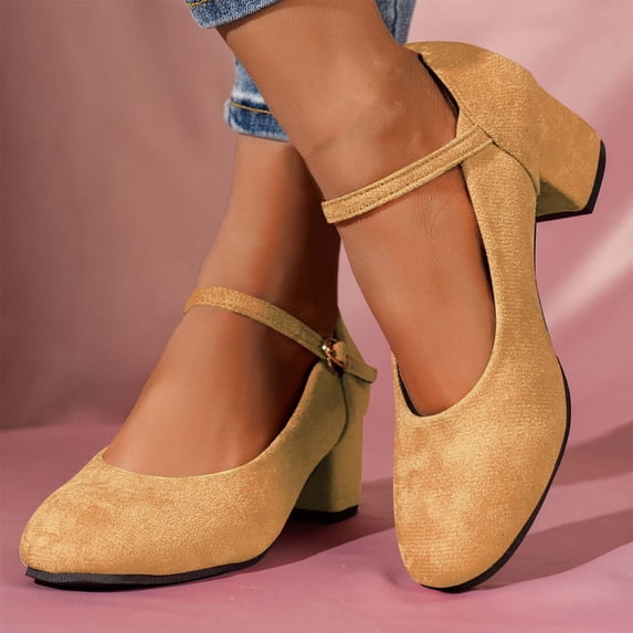 Women’s Solid Color Medium Heel Thick Buckle Strap Suede Shallow Mouth Casual Fashion Lightweight Slip-On Party Wedding Outdoor Indoor Comfortable Walking Shoes Multiple Sizes Available