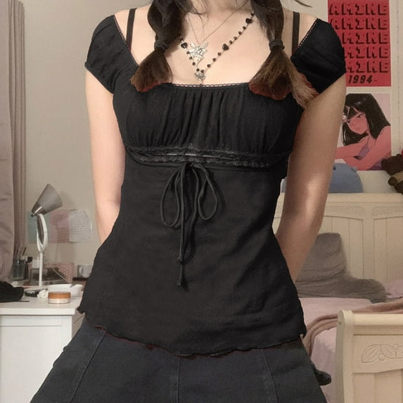 Women's Solid Color Mesh Lace Shirt Set Head Bow Waist Short Sleeve Top T Shirt Tunic Raglan Long Sleeve Tee T Shirts Tops for Women Shirt for Juniors Woman Large Shirt Women's Tees Tee Long