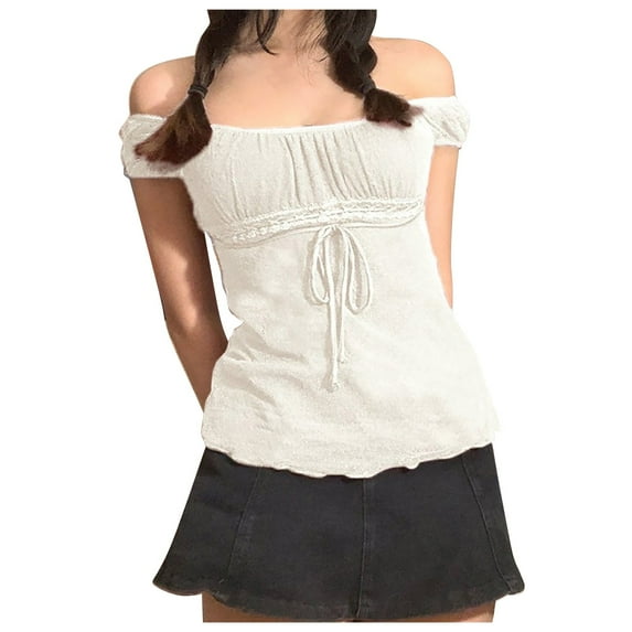 Women's Solid Color Mesh Lace Shirt Set Head Bow Waist Short Sleeve Top