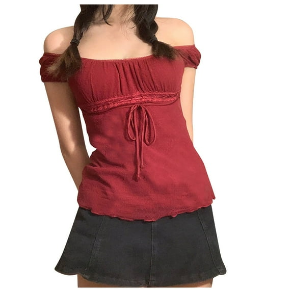 Women's Solid Color Mesh Lace Shirt Set Head Bow Waist Short Sleeve Top