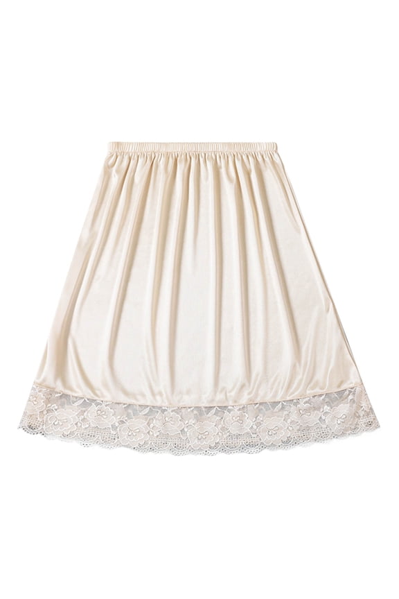 Women's Solid Color Mesh Lace Trim Half Slip Skirt High Waist Elatic Waist Anti Chafing A‑Line Safety Underskirt Liner Khaki Free Size