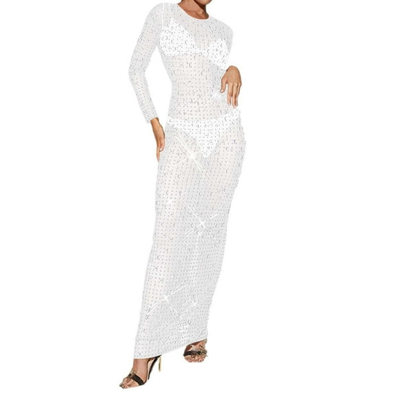 Women's Solid Color Mesh Long Sleeve Rhinestone Maxi Dress Elegant Evening Gown For Parties And Events Prom Dress Long Slit Ladies Formal Dresses Evening Jacket for Dresses Occasions Women Wedding