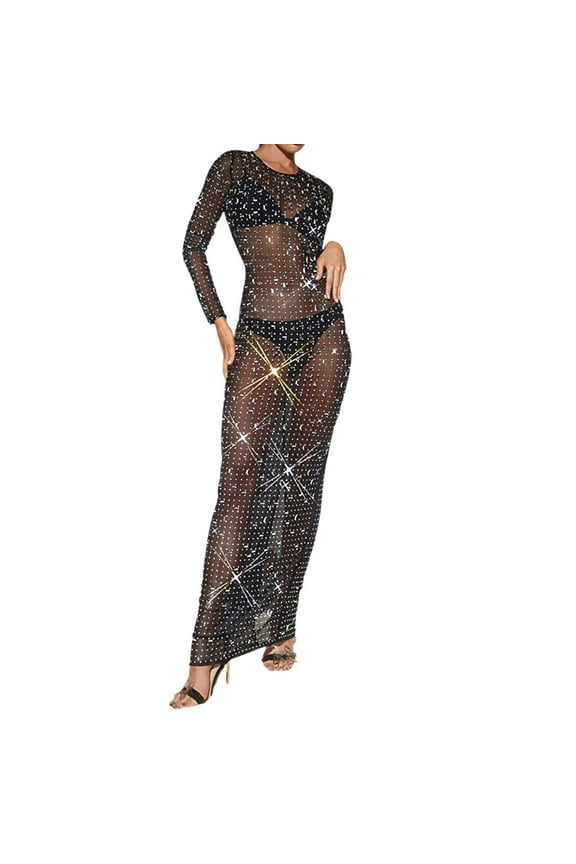 Women's Solid Color Mesh Long Sleeve Rhinestone Maxi Dress Elegant Evening Gown For Parties And Events Prom Dress Long Slit Ladies Formal Dresses Evening Jacket for Dresses Occasions Women Wedding