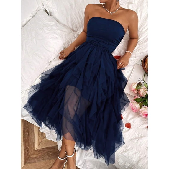 Women's Solid Color Mesh Panel Strapless Maxi Dress
