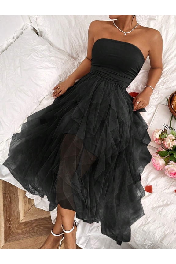Women's Solid Color Mesh Panel Strapless Maxi Dress