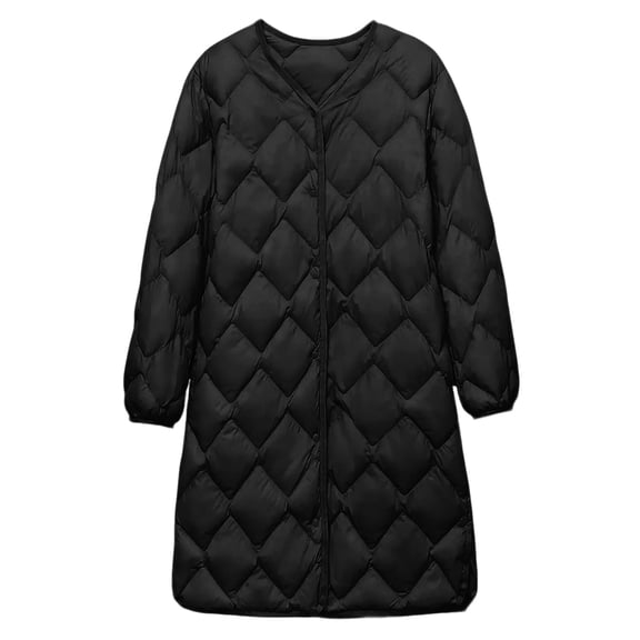 Women's Solid Color Mid-Length Jacket - Long Sleeve, V-Neck, Winter/Fall, Black, L