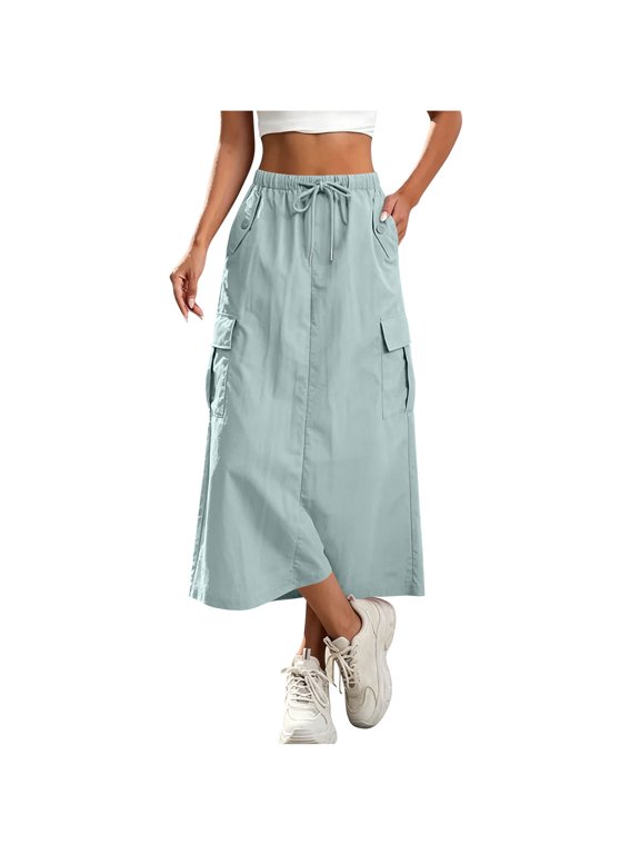 Women's Solid Color Midi Cargo Skirt Elastic High‑Waist Drawstring Casual Half Skirt with Side Pockets Back Slit Light Blue M(M)