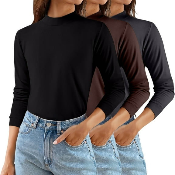 Women's Solid Color Mock Neck Thermal Sweater, 3-Pack Soft Base Layer Tops, Mid Neck Pullover for Women, Warm Fleece Lined Knit Shirts, Value Set of Comfortable Everyday Wear Mid Neck Sweaters Red
