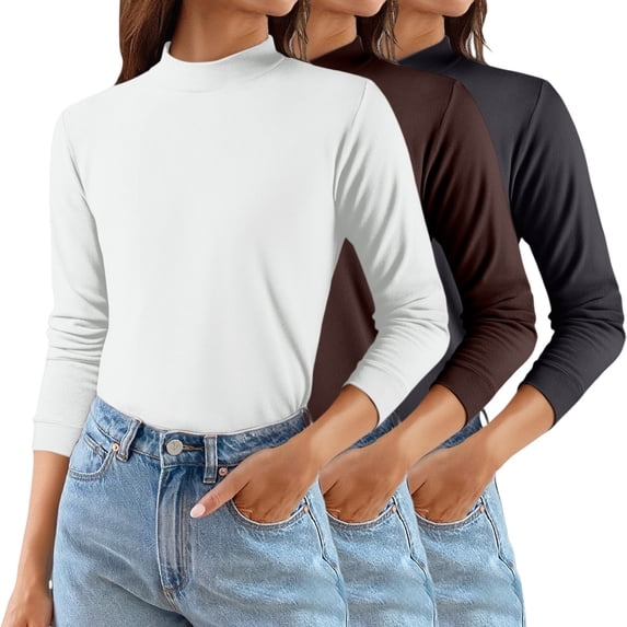 Women's Solid Color Mock Neck Thermal Sweater, 3-Pack Soft Base Layer Tops, Mid Neck Pullover for Women, Warm Fleece Lined Knit Shirts, Value Set of Comfortable Everyday Wear Mid Neck Sweaters Coffee