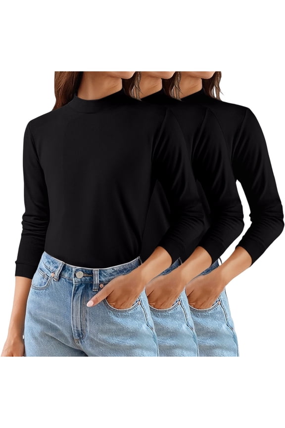 Women's Solid Color Mock Neck Thermal Sweater, 3-Pack Soft Base Layer Tops, Mid Neck Pullover for Women, Warm Fleece Lined Knit Shirts, Value Set of Comfortable Everyday Wear Mid Neck Sweaters Black