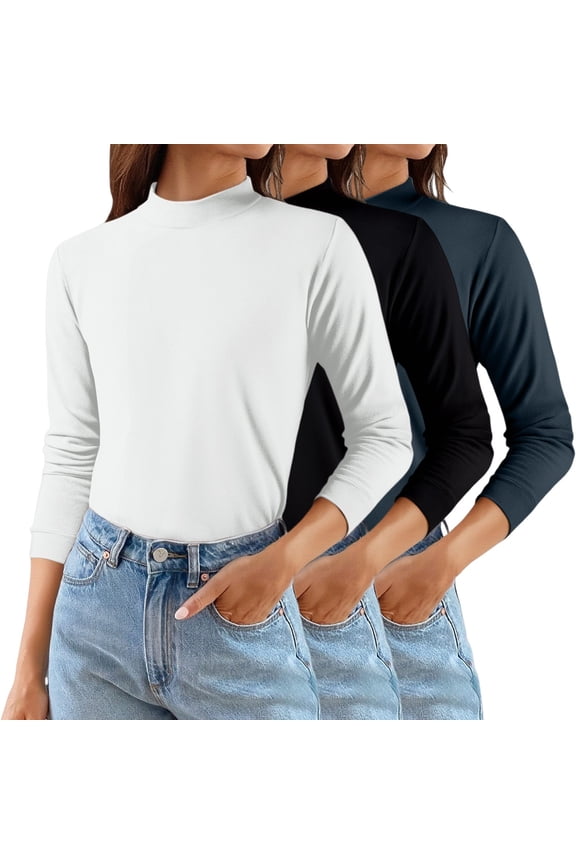 Women's Solid Color Mock Neck Thermal Sweater, 3-Pack Soft Base Layer Tops, Mid Neck Pullover for Women, Warm Fleece Lined Knit Shirts, Value Set of Comfortable Everyday Wear Mid Neck Sweaters Green