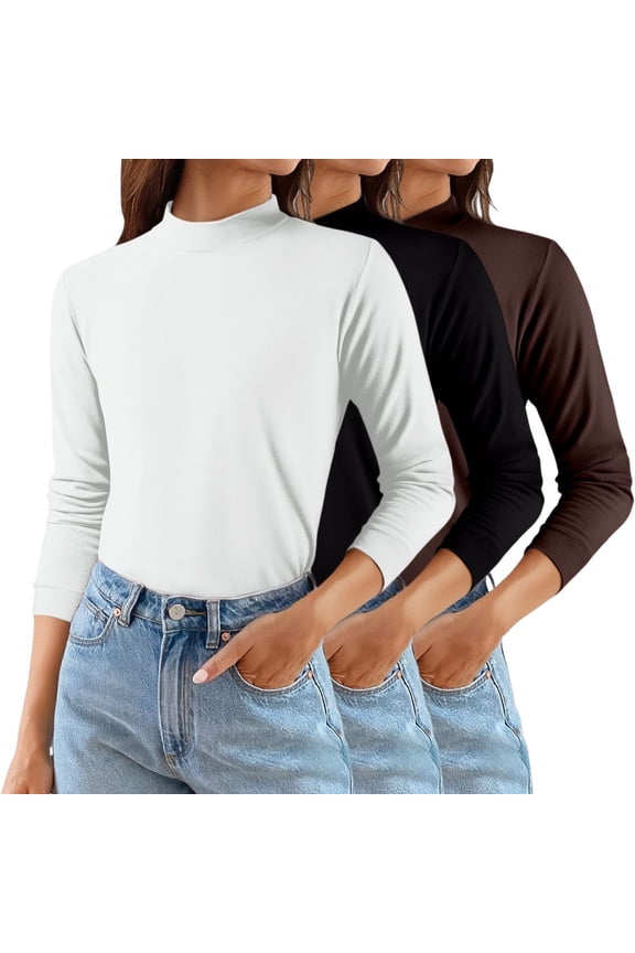 Women's Solid Color Mock Neck Thermal Sweater, 3-Pack Soft Base Layer Tops, Mid Neck Pullover for Women, Warm Fleece Lined Knit Shirts, Value Set of Comfortable Everyday Wear Mid Neck Sweaters White