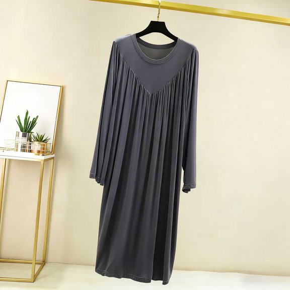 Women's Solid Color Modal Nightgown Round Neck Long Sleeve Loose Sleepshirt Dress Soft Breathable Loungewear Home Sleep Comfortable Fashion Outfit Dark Gray L